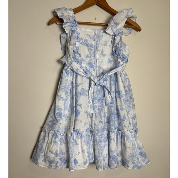 Bonnie Jean Girls Dress Sz 8 Blue & White Floral Butterfly Flutter Sleeve Party - Picture 3 of 9